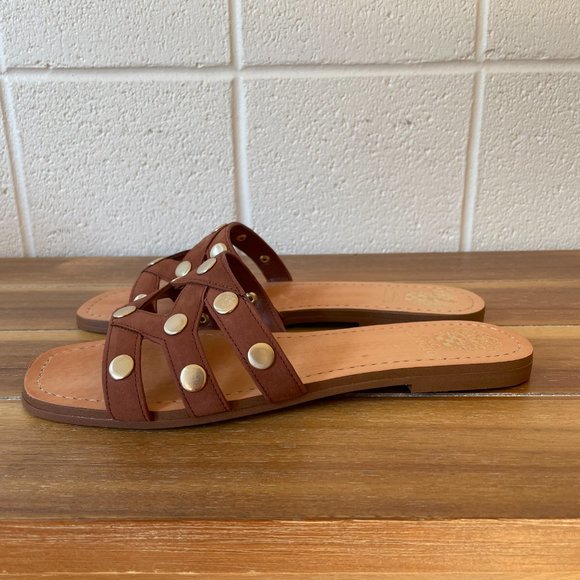 Vince Camuto Studded Sandal Slides in Nut Brown Leather - Picture 3 of 5